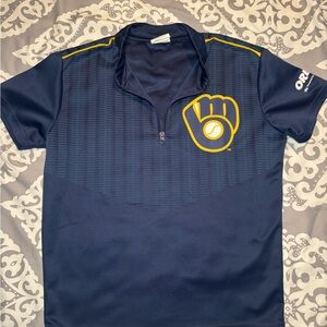 Navy Blue Quarter-Zip Sports Shirt with Milwaukee Brewers Logo Youth Large